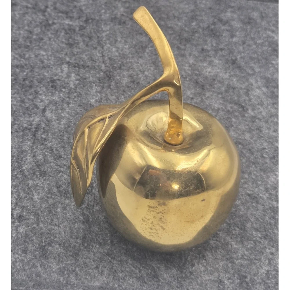 Vintage Brass Apple Bell Paper Weight Solid w/ Clapper Stem & Leaf Small Teacher